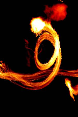 Man and fire in the dark. Fireshow in the street.