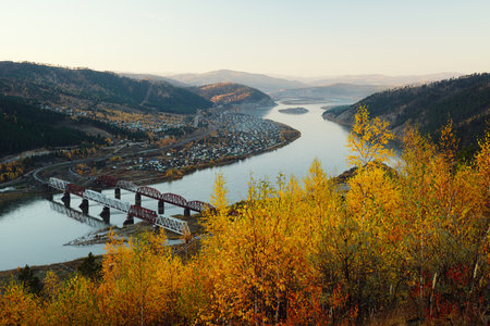 Railway bridge through the Selenga River near the Mostovaya station in the suburbs of Ulan-Ude.の写真素材