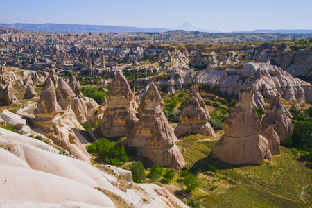 View from the observation deck to strange beautiful landscape at Goreme, Cappadocia, Turkeyの写真素材