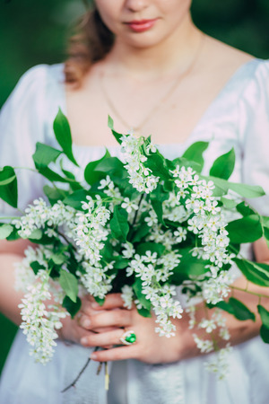 White flowers of bird cherry in bloom in woman's handsの写真素材