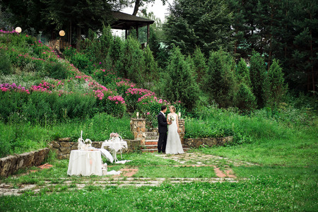 Wedding couple standing downstairs in a green areaの写真素材