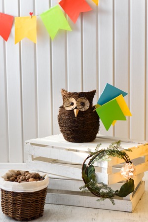 Interior of colorful unisex room for child. A hand made cute owl on white wooden boxes, bright small flags all around it, white backgroundの写真素材