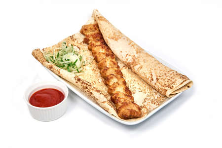 Chicken Skewers. Lula kebab with white onion and pita bread, traditional Caucasian dish. Serving dishes in a cafe, restaurant, for a menu. Isolated on white backgroundの写真素材