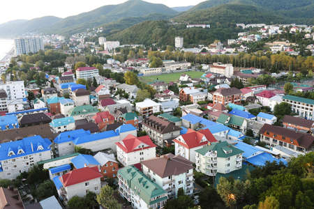 Top view at houses. Residential neighborhood subdivision skyline Aerial shotの写真素材