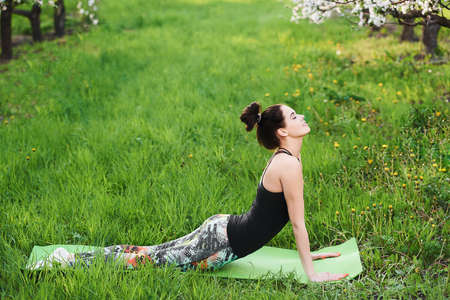 Profile of smilling girl working out breathing fresh air with eyes closed leaning on the green lawn, doing stretching exercises, urdhva mukha shvanasana, full length.Yoga and unity with nature conceptの写真素材