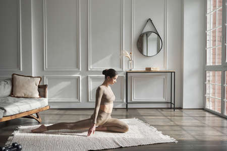 Easy yoga practice at home, stress relaxing exercise by yourself at home, stay fit by yoga with professional yoga master as your personal trainer, indoor. Concept of pilates and flexibility.Copy spaceの写真素材