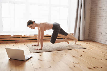 Young woman in sportswear doing climber exercise while staying in plank position, looking at laptop, full length. Workout video tutorial. Concept of online learning, copy space, full length, tutorialの写真素材