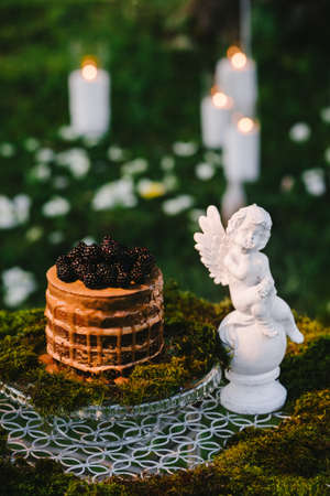 Chocolate cake with berries. There's a figure of an angel on the table, candles in the background.の写真素材
