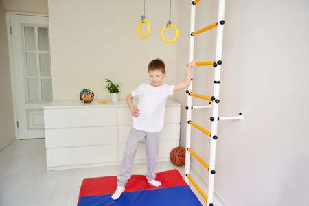 The boy poses in front of the camera, looking into the frame. Sports corner of the house. Sport, healhty lifestyle, active leisure at home. Happy little boy exercising sport at homeの写真素材