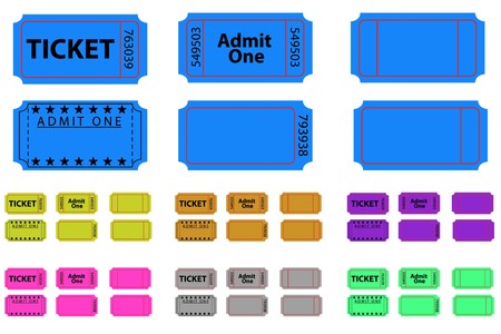 Various illustrated tickets set in different coloursのイラスト素材