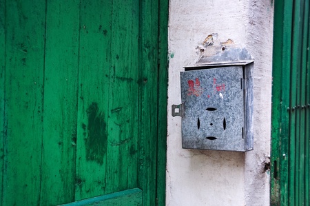 Traditional Chinese mailbox in a residential backstreet, Guangzhou, Chinaの写真素材