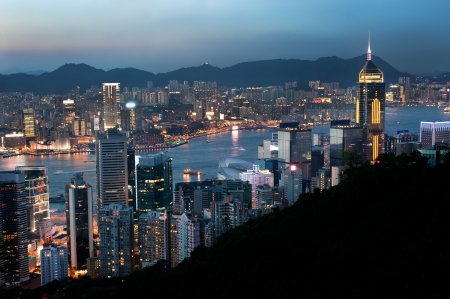 Hong Kong evening cityscape and Central Plazaのeditorial素材