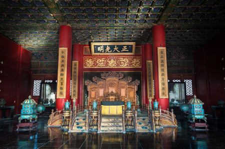 The Emperor's throne inside the Palace of Heavenly Purity at the Forbidden City, Beijingのeditorial素材