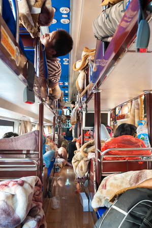 Interior of a Chinese intercity sleeper busのeditorial素材
