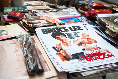 SHEUNG WAN, HONG KONG - OCT 2, 2013 - Bruce Lee posters on sale at Upper Lascar Row street market,...