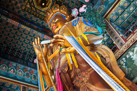 Maitreya Buddha statue in the Hall of Boundless Happiness, Lama Temple, Beijingのeditorial素材