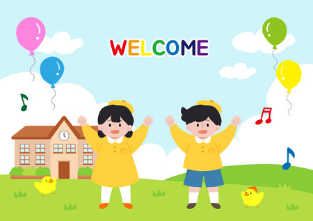 Welcome back to school. Cute children with yellow and green balloons. Vector illustration.のイラスト素材