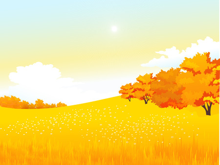 Vector illustration autumn rural landscape with meadow and forestのイラスト素材