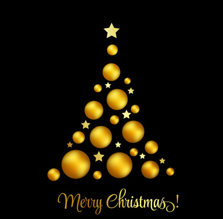 Vector illustration gold Christmas tree.  Holiday background with baubles and starのイラスト素材