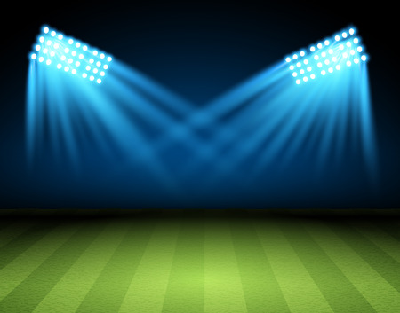 Football arena. Vector Soccer field with searchlight, spotlight, projector