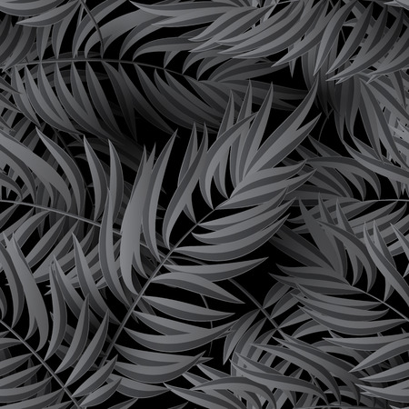 Seamless tropical jungle floral pattern with palm fronds. Vector illustration. Green Palm leaves pattern on black backgroundのイラスト素材