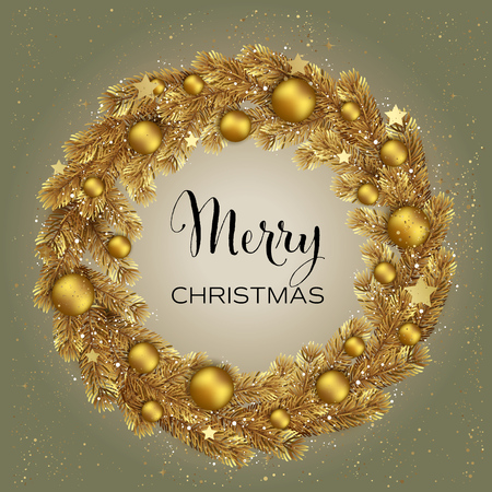 Christmas Wreath Gold Pine Branches. Vector illustrationのイラスト素材
