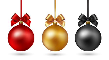 Set of Christmas baubles with ribbon and a bow on white background. Vector illustration. Gold, black and red colorのイラスト素材