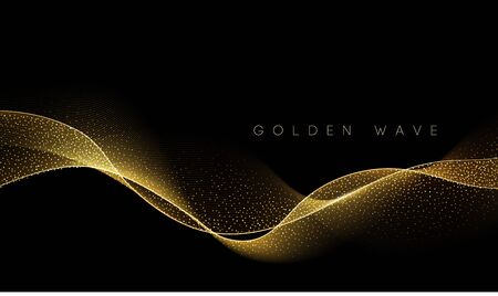 Abstract shiny color gold wave design element with glitter effect on dark background.のイラスト素材