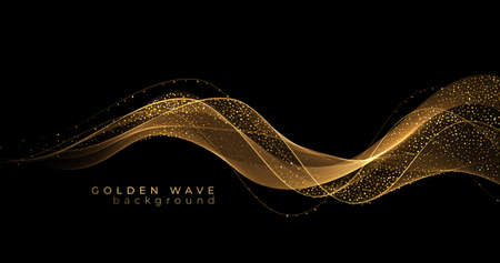 Abstract Gold Waves. Shiny golden moving lines design element with glitter effect on dark background for greeting card and disqount voucher.のイラスト素材