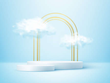 Product display podium decorated with realistic cloud and gold frame on blue backgroundのイラスト素材