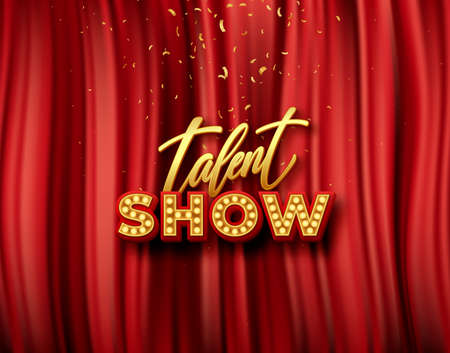 Vector Talent show banner, poster, gold inscription on red curtain, advertising or invitationのイラスト素材