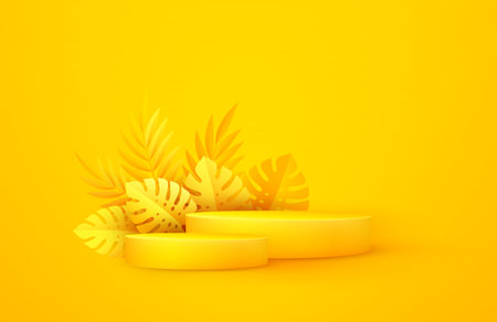 Minimal yellow scene with geometric shapes and palm leaves. Cylindrical podium on a yellow background. 3D stage for displaying a cosmetic productのイラスト素材