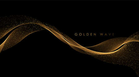 Abstract Gold Waves. Shiny golden moving lines design element with glitter effect on dark background for greeting card and disqount voucher.のイラスト素材