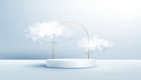 Product display podium decorated with realistic cloud and gold frame on pastel backgroundのイラスト素材