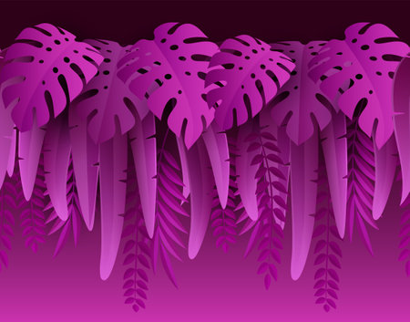 Hot Summer Tropical Leaves. Paper cut style. Monstera and palm leaf. Tropic border. Vector illustrationのイラスト素材