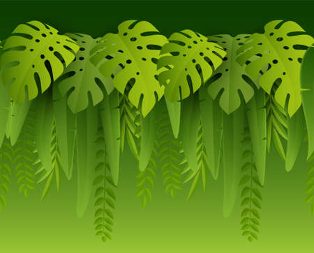 Hot Summer Tropical Leaves. Paper cut style. Monstera and palm leaf. Tropic border. Vector illustrationのイラスト素材