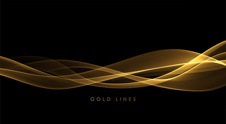 Abstract Gold Waves. Shiny golden moving lines design element on dark background for greeting card and disqount voucher.のイラスト素材