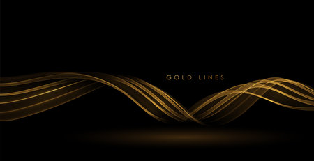 Abstract Gold Waves. Shiny golden moving lines design element on dark background for greeting card and disqount voucher.のイラスト素材