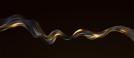 Abstract Waves. Shiny gold moving lines design element on dark background for greeting card and disqount voucher.のイラスト素材