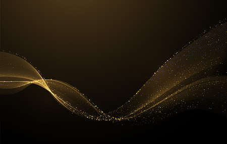 Abstract Gold Waves. Shiny golden moving lines design element with glitter effect on dark background for greeting card and disqount voucher.のイラスト素材