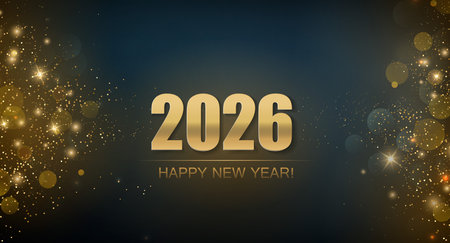 2026 Merry Christmas and Happy New Year Abstract Shiny Gold Glitter Wave Background. Bokeh and...