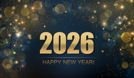 2026 Merry Christmas and Happy New Year Abstract Shiny Gold Glitter Wave Background. Bokeh and Confetti Design Element for Banner, Poster, Website Congratulations.のイラスト素材