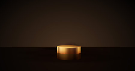 Gold cylinder podium. Golden Luxury Podium in the Dark Room for mockup products, promotion display. Black Studio Scene Background. Vector illustrationのイラスト素材