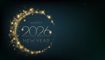 2026 Merry Christmas and Happy New Year Abstract Shiny Gold Circle Frame Glitter Decoration. Festive Background. Vector design elementのイラスト素材