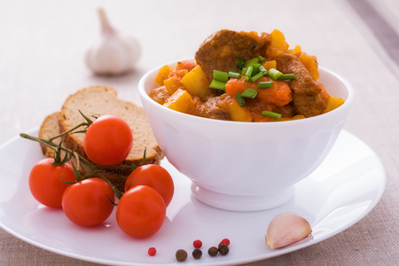 Homemade goulash with slices of bread in white bowlの写真素材