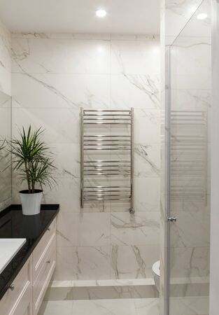 Bathroom with shower cabin and heated towel railの写真素材