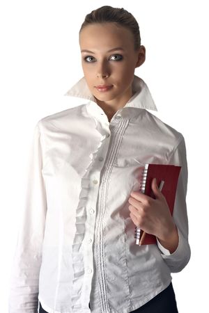 businesswoman portrait with red notepad and penの写真素材