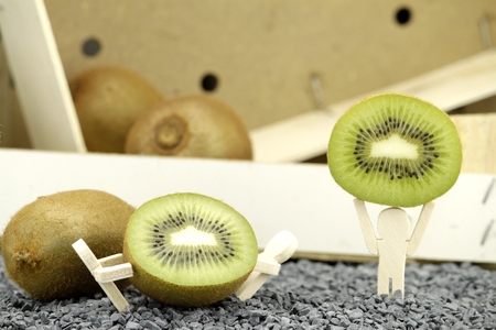 Kiwi and cute wooden figures in front of fruit boxesの写真素材