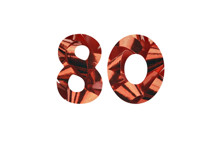 The number 80 from a macro shot of red gift ribbonの写真素材