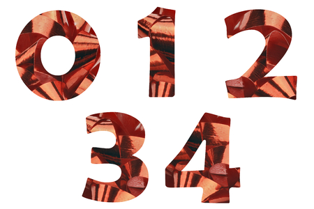 A set of the numbers 0,1,2,3 and 4 cut out of a red gift ribbonの写真素材